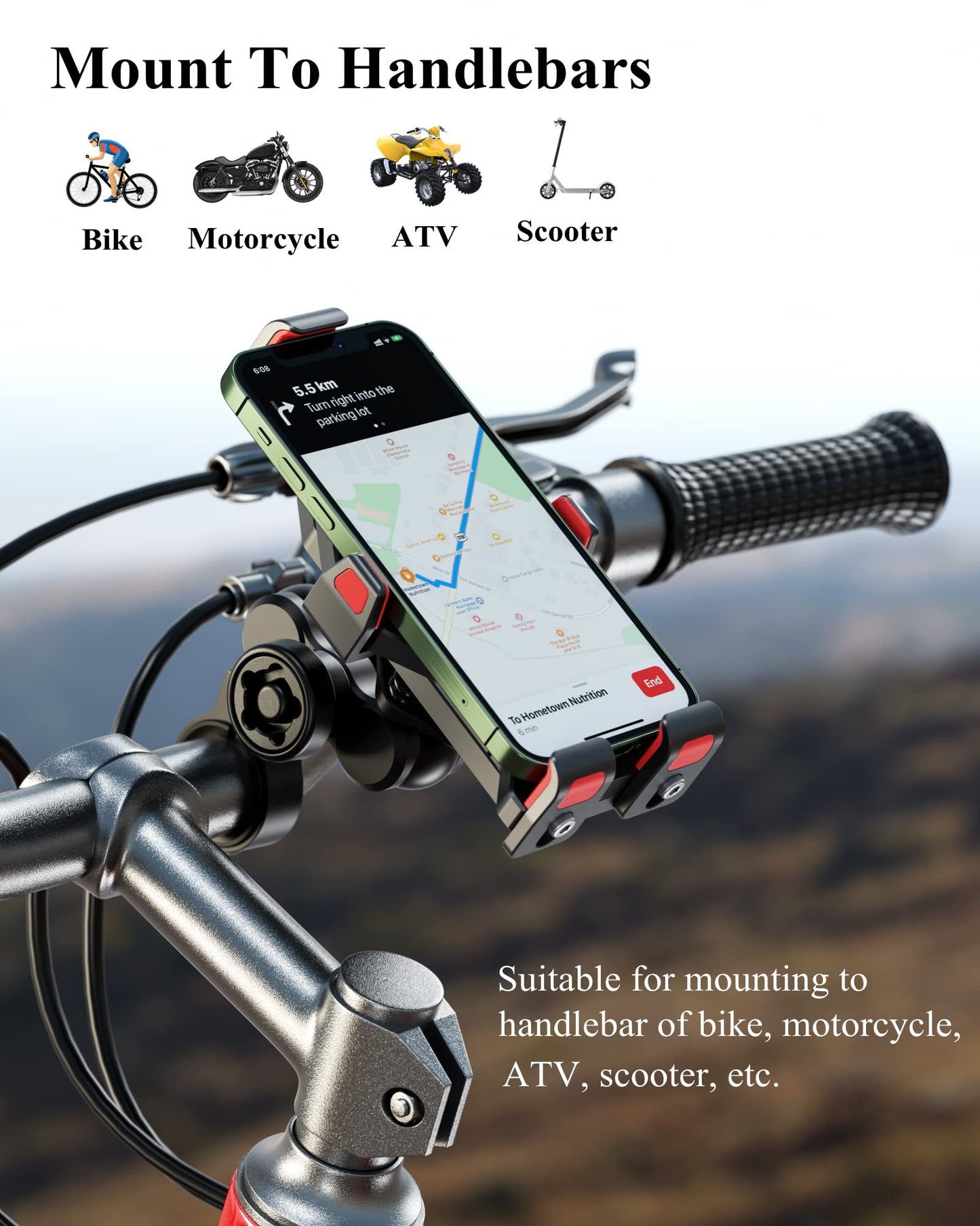 BRCOVAN Anti-Theft Aluminum Alloy Motorcycle Phone Mount with Vibration Dampener & High-Speed Secure Lock, Adjustable Bike Handlebar Cellphone Holder for Bicycle Scooter ATV, Fit 4.7-7.2'' Smartphone
