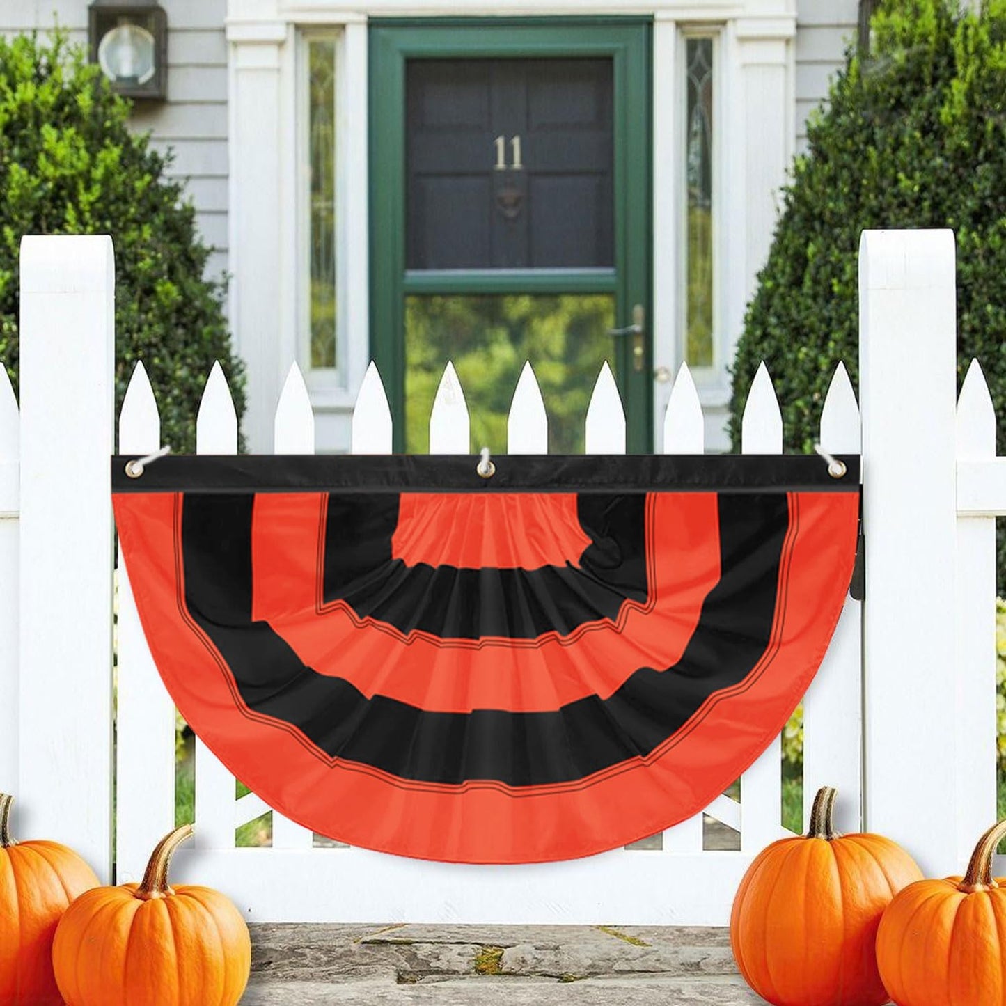 LinaGarten Halloween Bunting Flag 2 x 4 ft Fully Sewn Orange & Black 5 Stripe with 3 Grommets Pleated Half Fan Flag Bunting Banner Trick or Treat Halloween Decor Outside Porch Garden Outdoor Yard Indoor Home