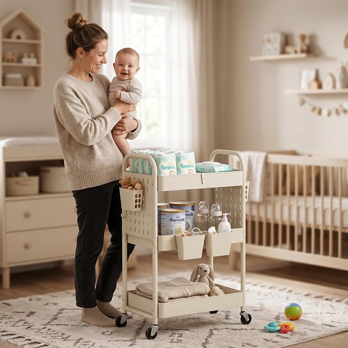 danpinera 3 Tier Rolling Cart with Retractable Dividers, Multi-Functional White Rolling Utility Cart with Pegboards, Hooks & Hanging Cups for Nursery, Living Room, Studio