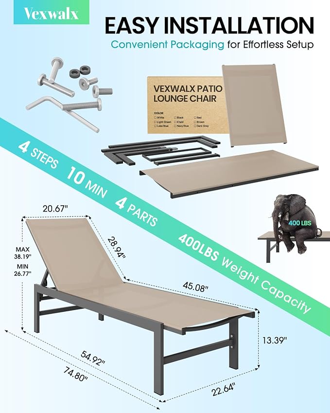 Vexwalx Outdoor Lounge Chair for Pool, Aluminum Chaise Lounge Chairs