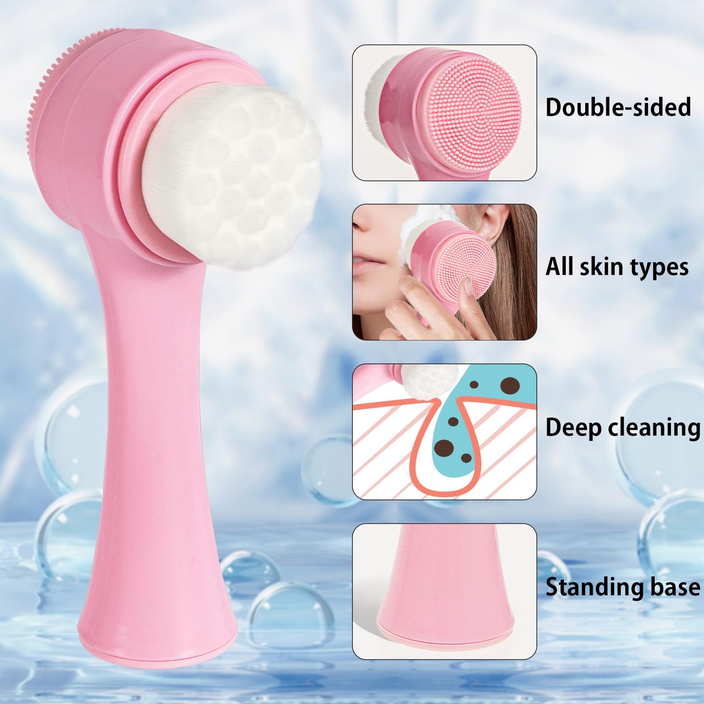 Face Brush 2 in 1, Facial Cleansing Exfoliating Scrubber Brush, Silicone Double Side Manual Face Wash Scrub Brush with Soft Bamboo Charcoal Fiber for Deep Pore Cleansing, Massaging, Skin Care