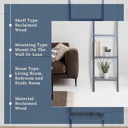 BARNWOODUSA Throw Blanket Ladder – Fully Assembled Reclaimed Wood – Rustic Decorative Ladder for Towels, Quilts, & More – Perfect Decor for Bathroom, Porch, or Living Room,5' x 18" Slate Blue