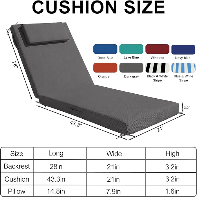 Outdoor Chaise Lounge Cushions, 71x21 Inch Olefin Water & Fade Resistant Pool