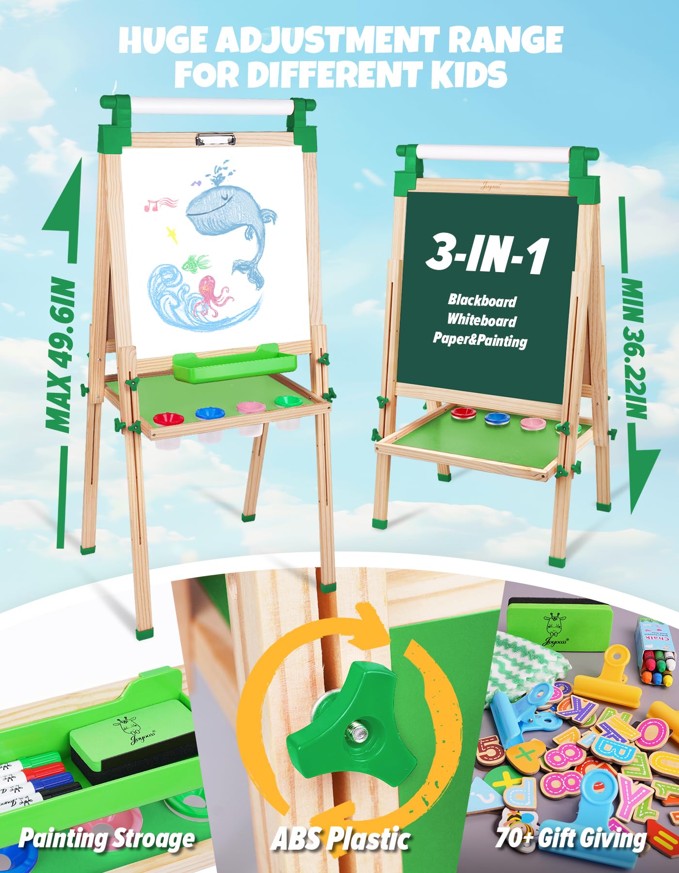 JOYOOSS Easel for Kids - Adjustable Wooden Art Easel with Paper Roll,Magnetic Double Sided Dry Erase Board,Outdoor Easel for Toddlers,Green