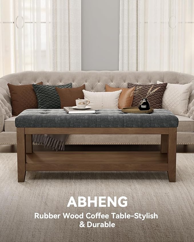 ABHENG Solid Rubber Wood Shoe Bench, Soft Chenille Material Upholstered Seat