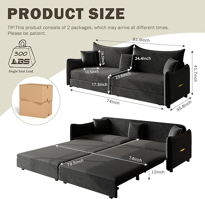 KEIKI 81.9" Sleeper Sofa, 3-in-1 Pull Out Couch Bed