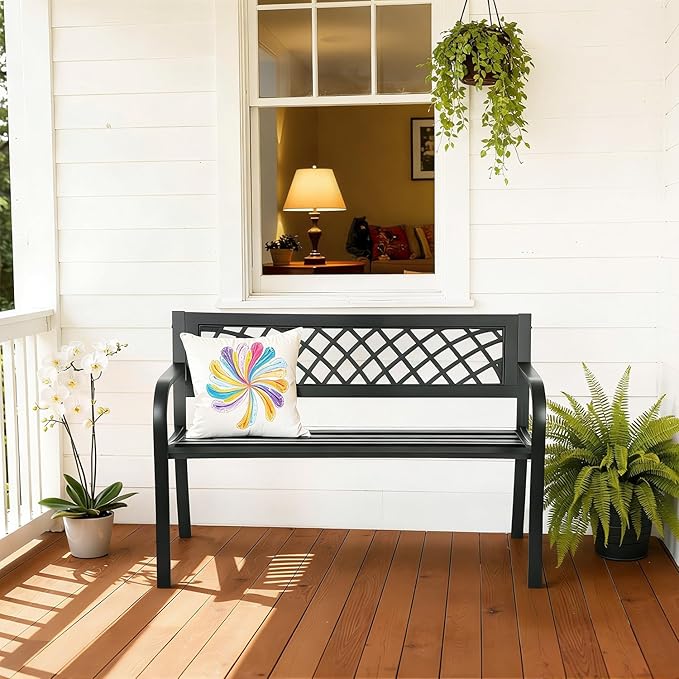 Garden Bench, Outdoor Benches, Iron Steel Frame Patio Bench