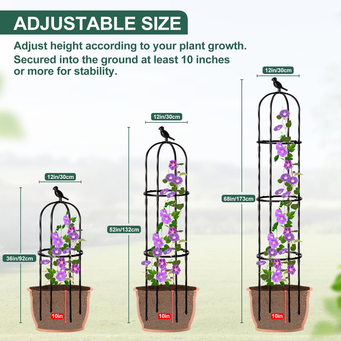 FOLLOOK Garden Obelisk Trellis for Climbing Plants Outdoor, Lightweight Climbing Plant Support Flower Roses Clematis Vegetable Light Vines Round Trellis for Raised Garden Bed Planter, Black, 2 Pack