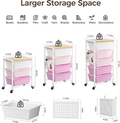 Rolling Cart with 5 Drawers, Plastic Drawer Storage Carts with Wheels & Wooden Tabletop, Metal Utility Cart with Pegboards, Office Living Room Classroom Craft Organization and Storage, Bright Pink
