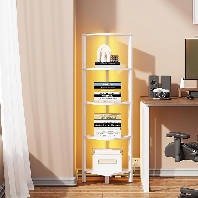 TUTOTAK Corner Shelf with LED Light, 5-Tier Corner Bookshelf