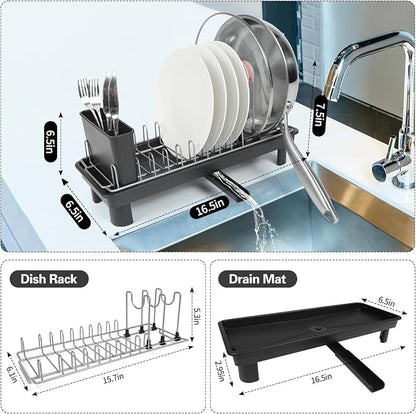 Small Dish Drying Rack for Kitchen Counter, Dish Rack with Detachable Utensil Holder and Draining Tray, Upgraded Load-Bearing Design for Plates Cutlery Pans and Pot Lids, Black