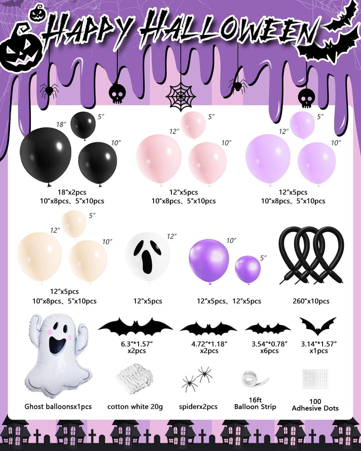 Halloween Balloon Arch Kit, OTLGEUA 127Pcs Pink Halloween Party Decorations Include Black Pink White Purple Balloons Garland, Spider Web, Bats, Ghost Foil Balloon