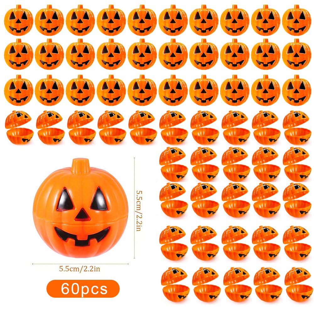 60PCS Halloween Pumpkin Containers Plastic pumpkin Bulk Orange halloween Buckets Halloween Eggs Candy Holder Mini pumpkins for Egg Hunt Treats