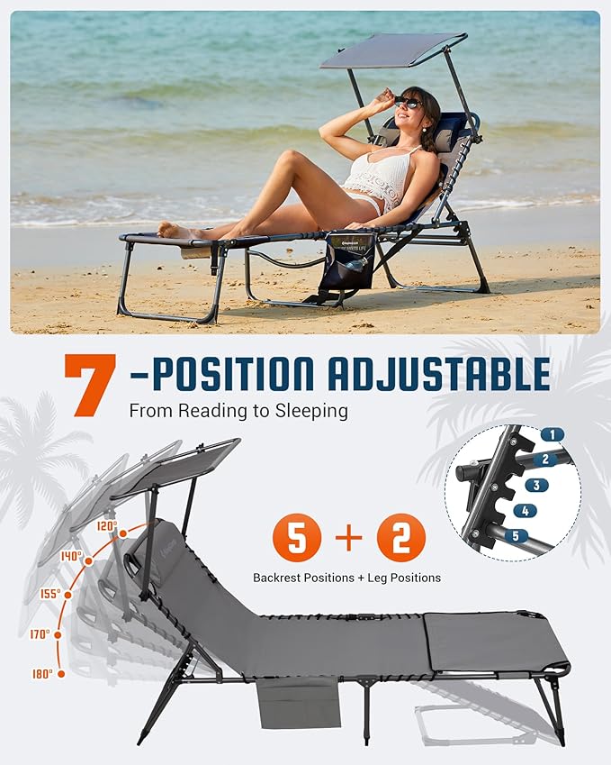 KingCamp Lounge Chair with face Hole & Canopy Shade, 400LBS Folding Portable