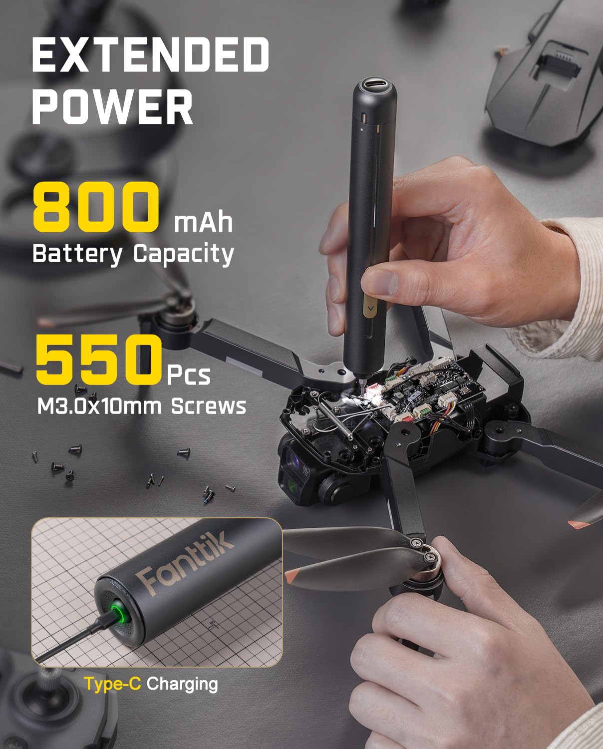 Fanttik E2 Ultra 3.7V Mini Electric Screwdriver, Cordless Screwdriver, Max 0.6N.m, 50 Magnetic Bits, 5/32'' Hex, Magnetic Storage, Repair Tool for Electronics, Camera, Laptop, and PC Build (Grey)