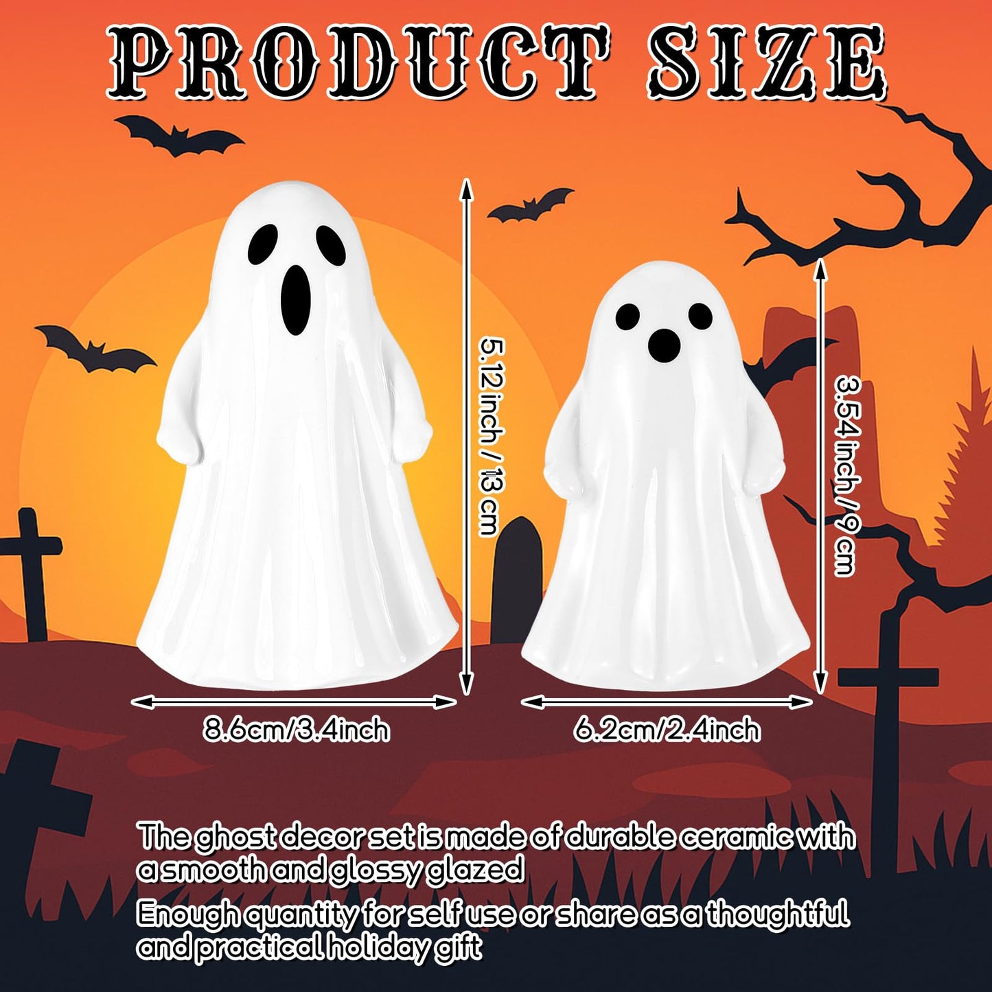 Leinuosen 6 Pcs Halloween Ghost Figurines 3 Large (5.12") & 3 Small (3.54") White Ceramic Ghost Decor Cute Ceramic Halloween Ornaments for Tabletop, Mantel, Tiered Tray & Shelf Decor