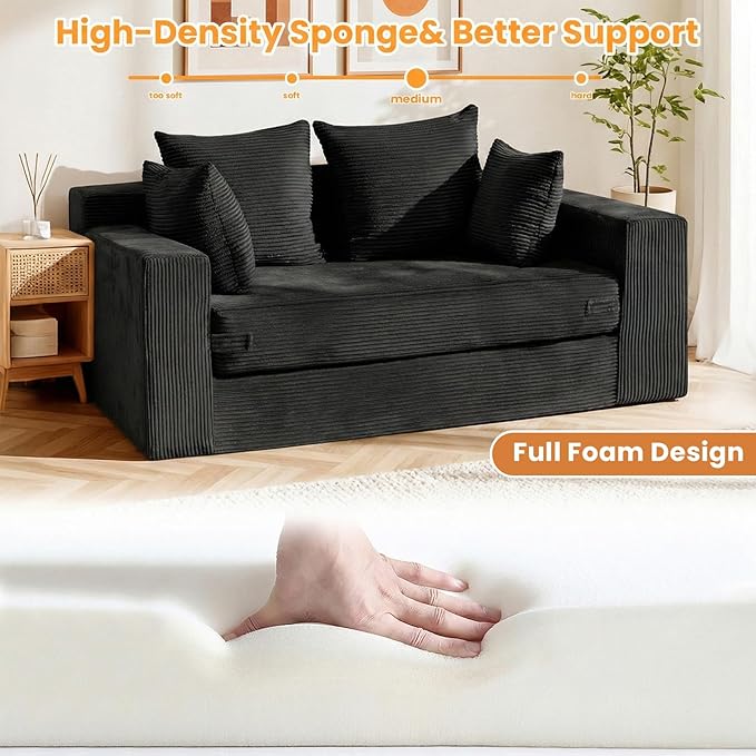 55" Small Boneless Couch, 3-in-1 Boneless Loveseat Sleeper Sofa Bed Convertible