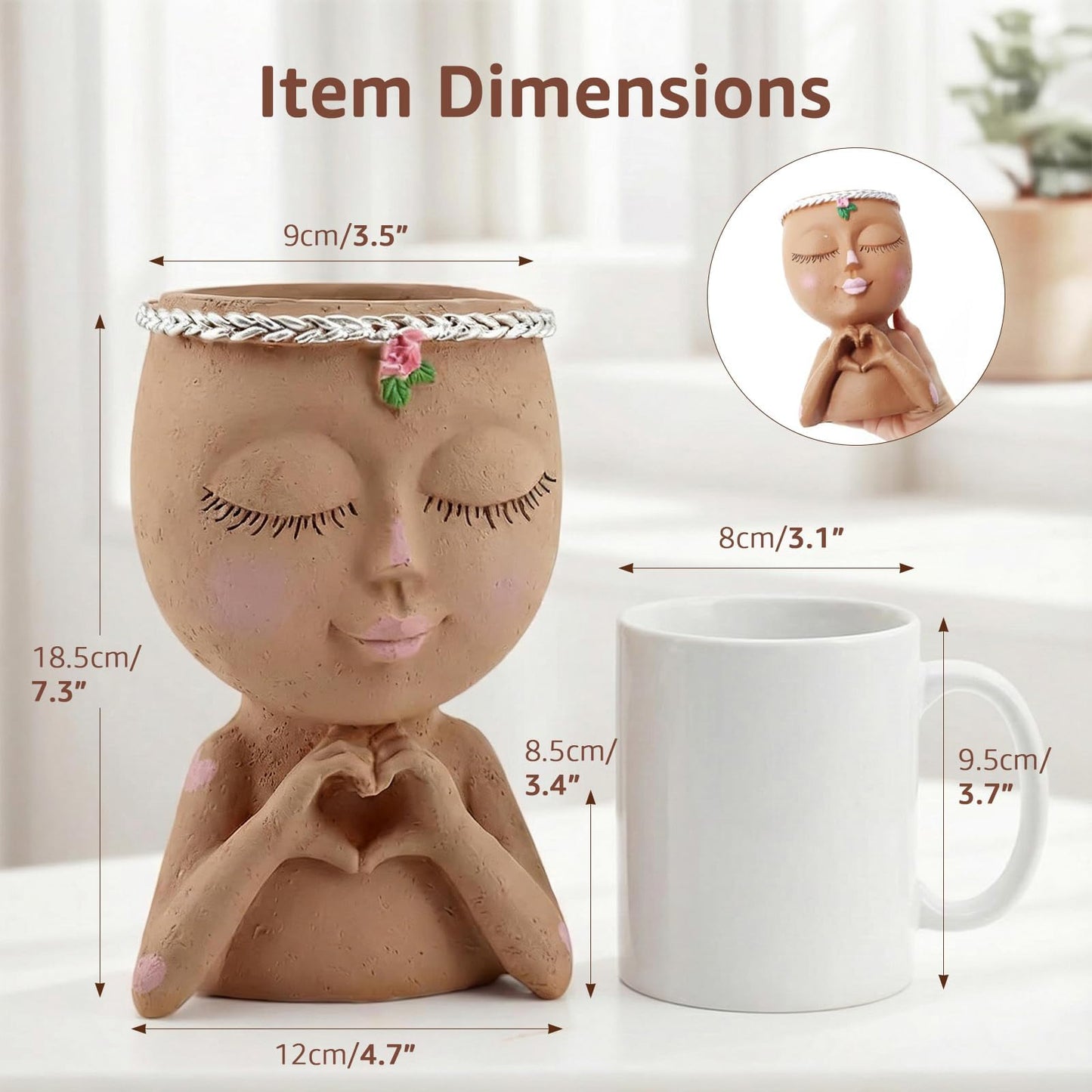 Meltset M Face Planter Pot with Heart Hands, Resin Head Planter for Indoor Plants, Cute Succulent Pots with Drainage Hole, Gardening Gifts for Women Mom Teacher, 7.3" Home Decor (Brown)