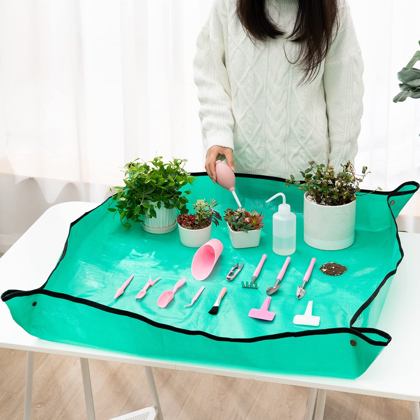 Melphoe 25Pcs Mini Garden Hand Transplanting Succulent Tools Set, 39.4" Thickened Repotting Mat & Plant Tag, Miniature Planting Indoor Fairy Care, Potting, Cactus, Houseplant Bonsai Tool Kit (Pink)