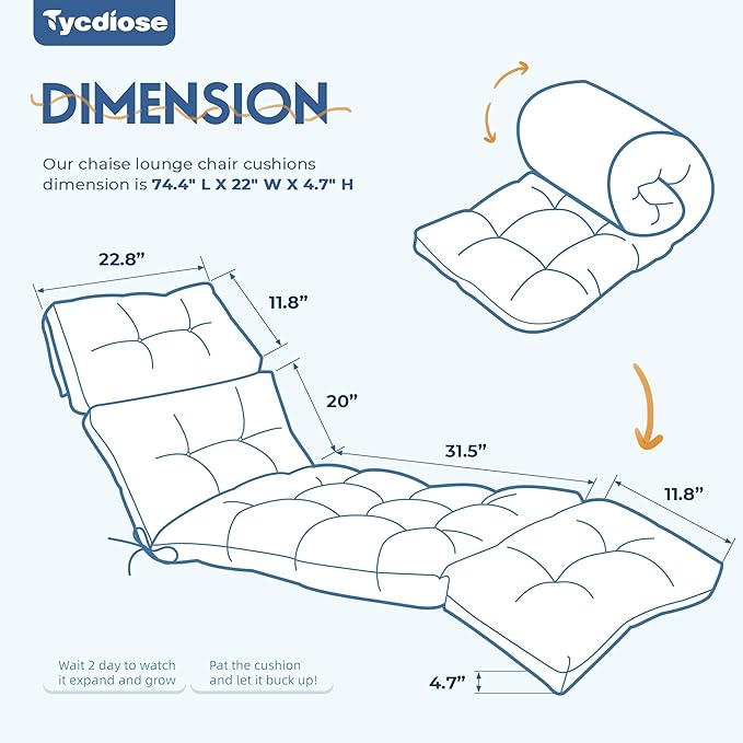 Outdoor Chaise Lounge Chair Cushion Waterproof 74.4 x 22 x 4.7 Inches Lounge