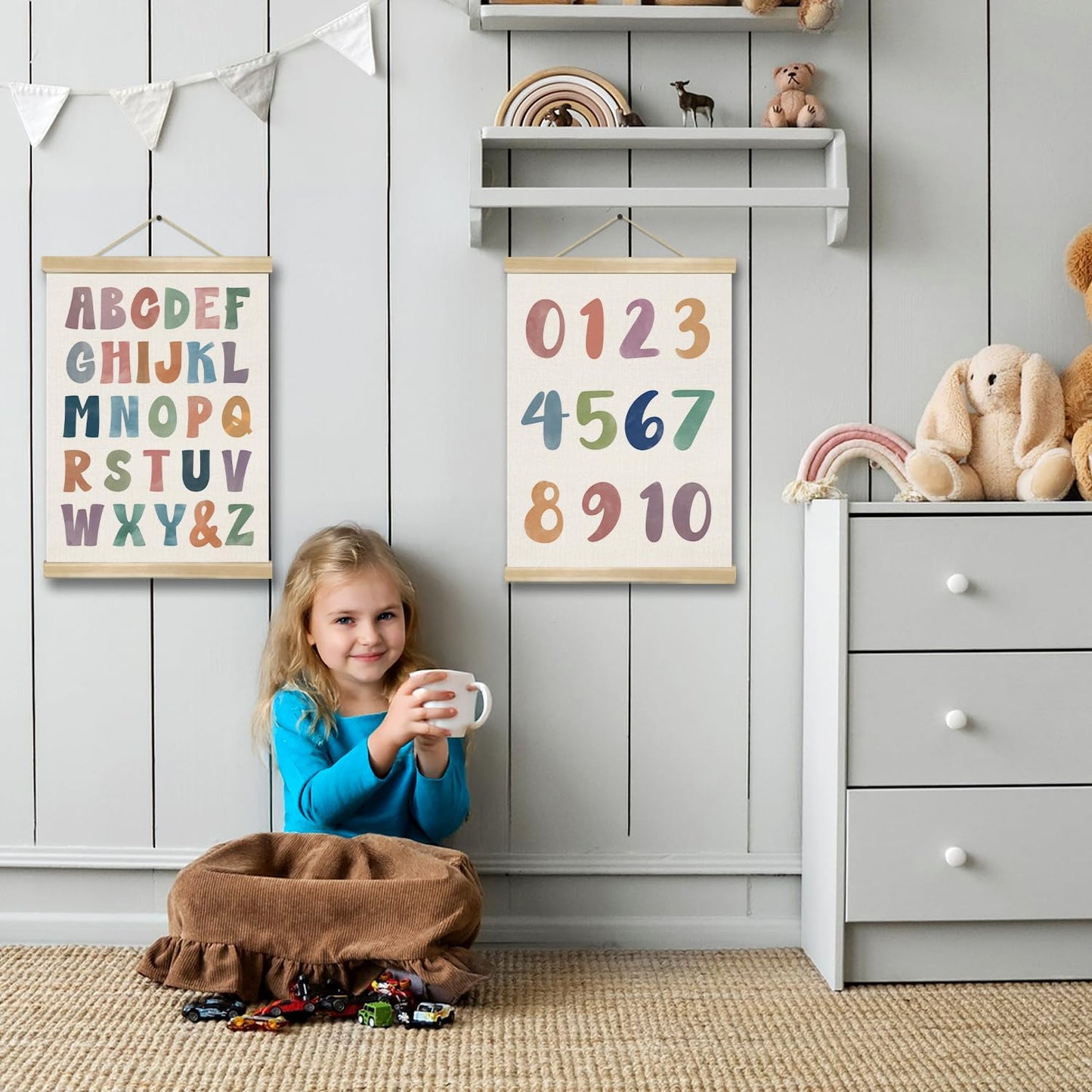 Alphabet and Number Wall Art Poster Set of 2,Toddler Learning Canvas Print Posters , Colourful Boho Educational Wall Decor for Preschool Classroom, Nursery, Playroom,Kids Room Decor 14x18.5Inch (ABC+123)
