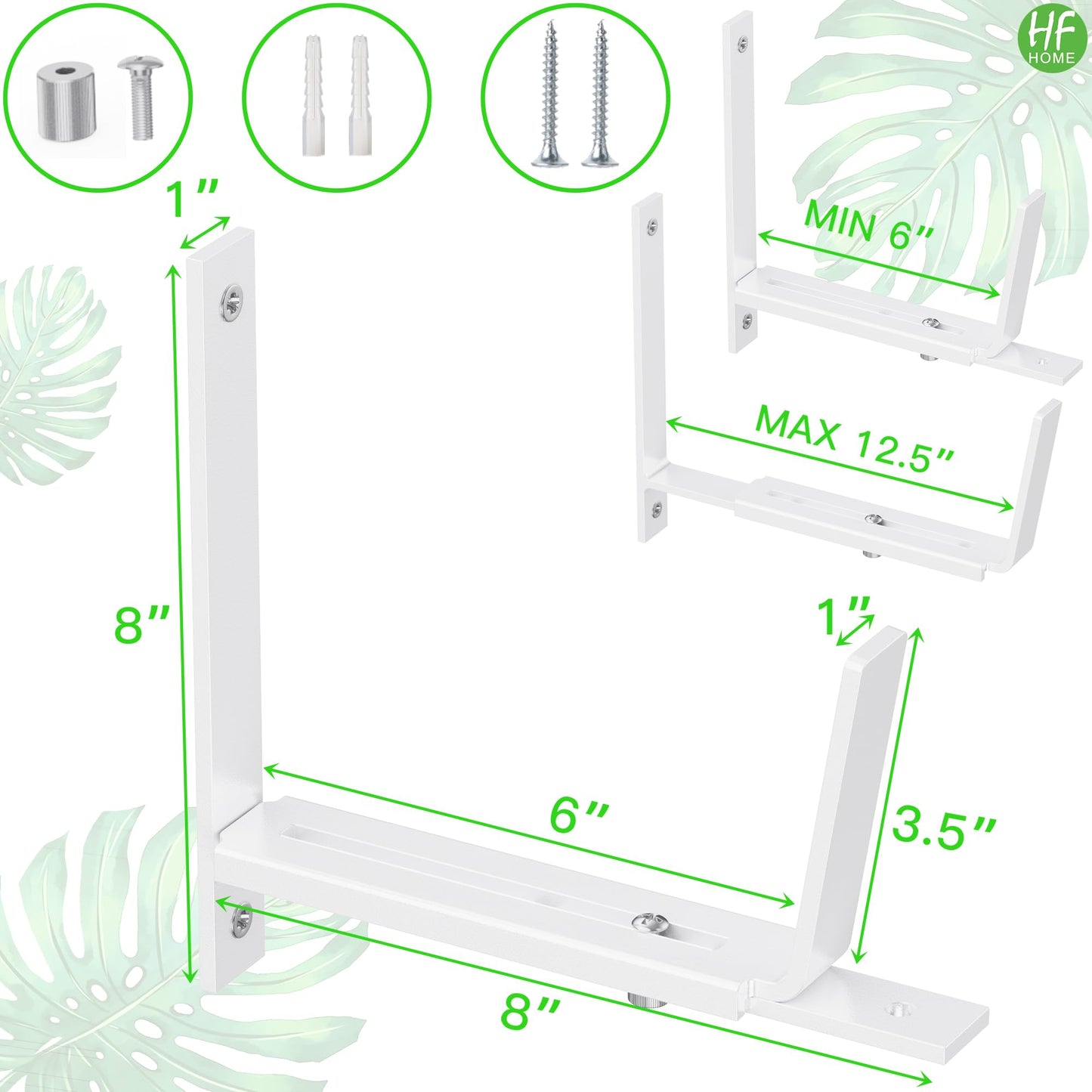 HFHOME 4 PCS Adjustable Planter Box Brackets (6 to 12.5 in), Universal Window Box Brackets, Heavy Duty Metal Flower Box Wall Mounting Hooks for Balcony, Fences, Patio, and Garden - White