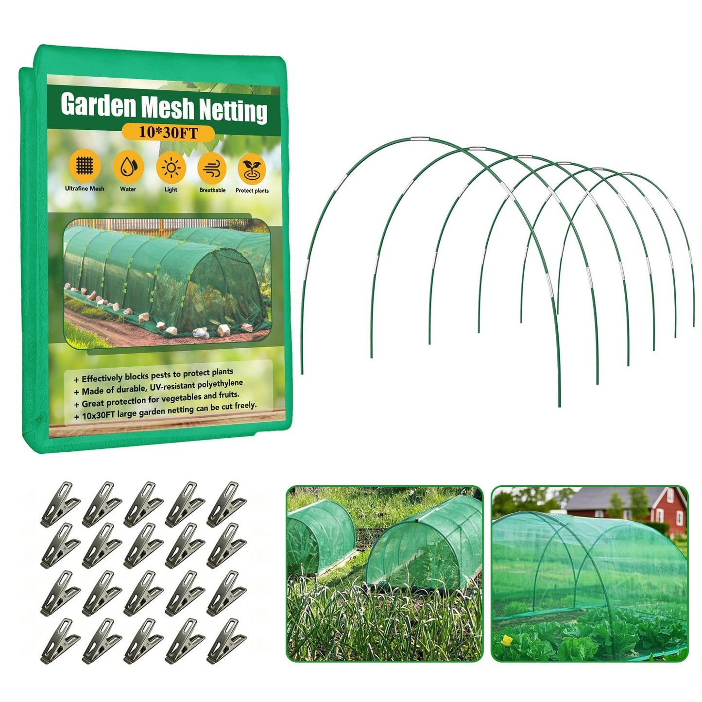 Garden Mesh Netting Kit for Raised Beds, 10x30FT Green Garden Netting ＆6 Sets Fiberglass Garden Hoops, Row Cover Garden Netting Pest Barrier Plant Protection for Vegetable Flowers Fruits