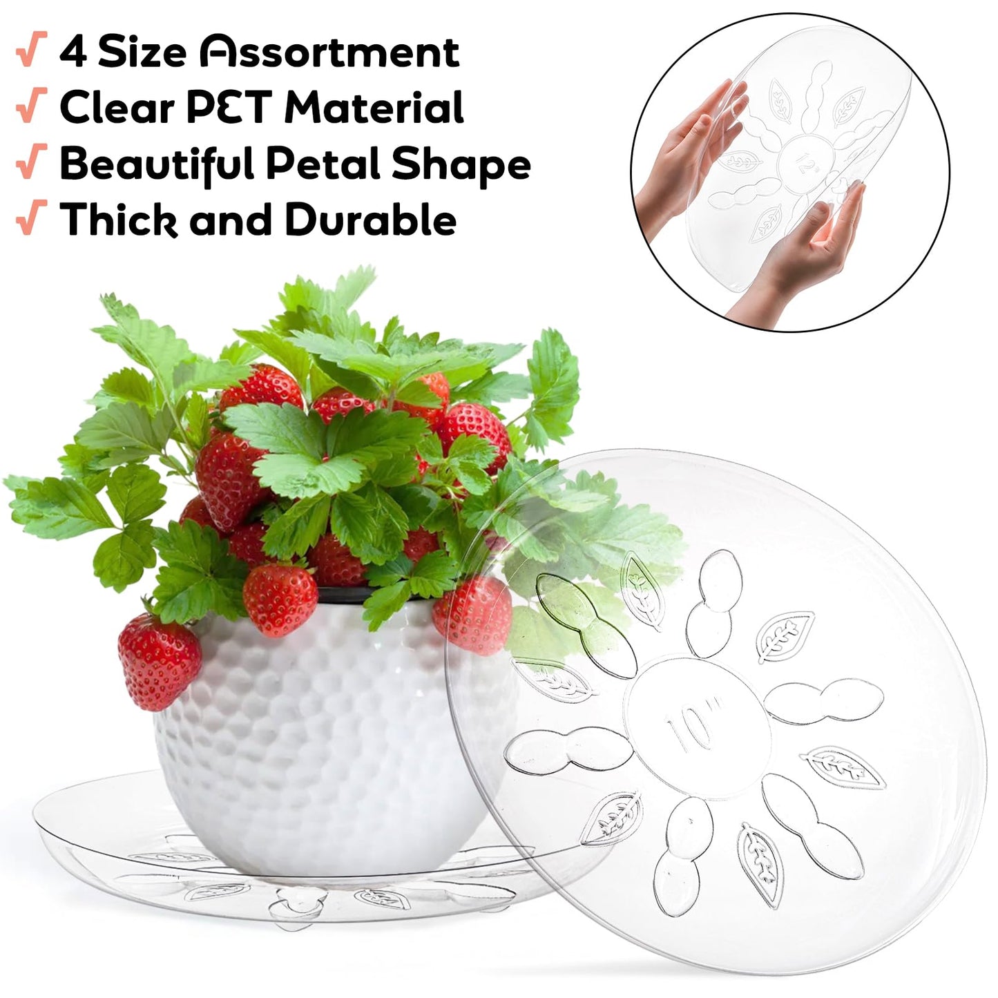 YOUEON 24 Pack Clear Plant Saucers with Feet, 6/8/10/12 Inch Heavy Duty Plastic Plant Drip Trays, Flower Pot Trays, Plant Water Catcher Tray for Indoor & Outdoor Plants, Round, 4 Sizes