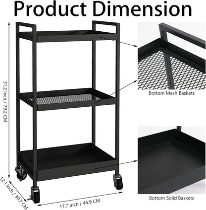 3-Tier Metal Utility Rolling Cart, Heavy Duty Multifunction Rectangular Cart with Lockable Casters, Easy to Assemble, Suitable for Office, Bathroom, Kitchen - Black