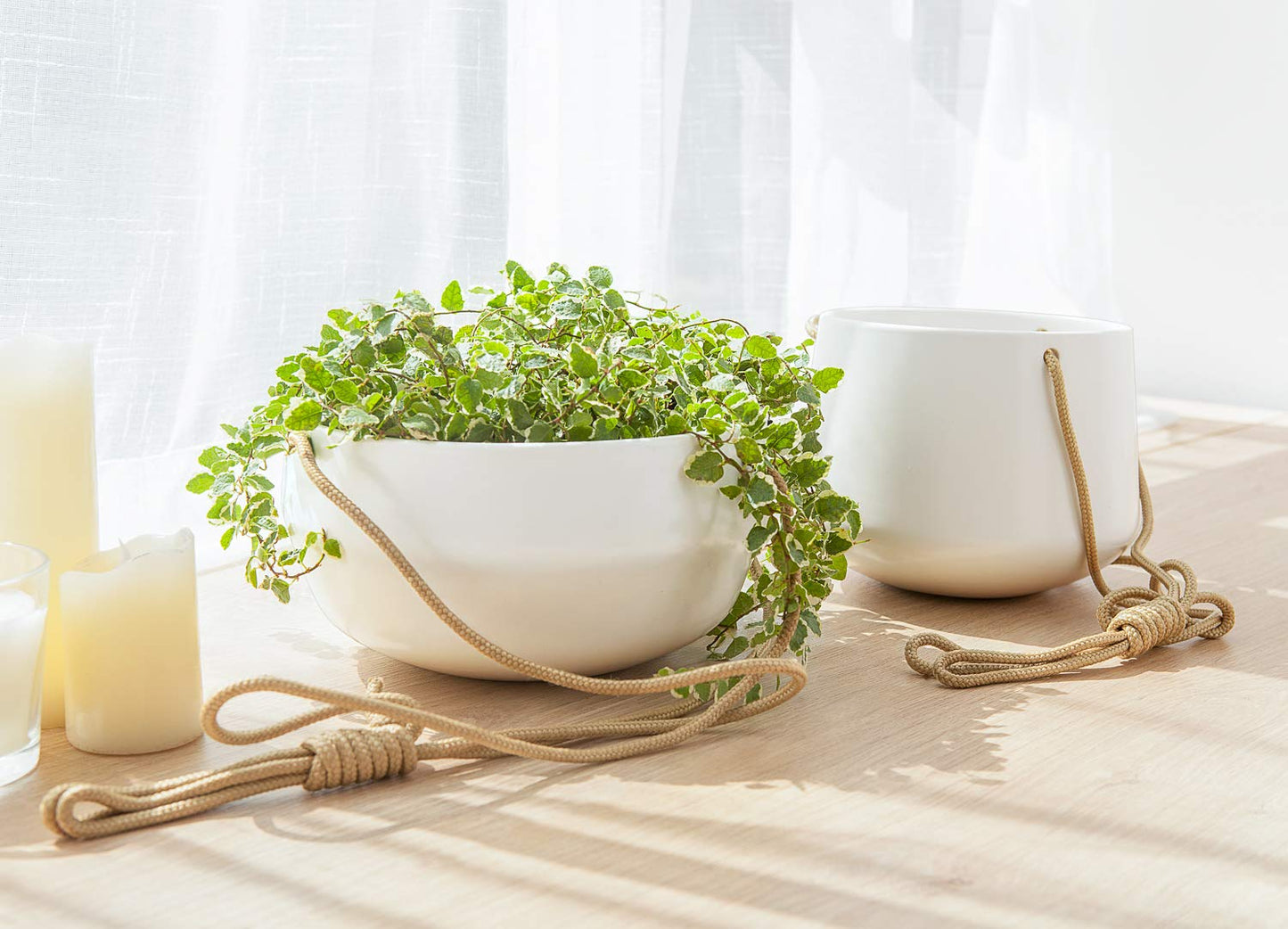 Mkono Ceramic Hanging Planter and Ceiling Hooks, Shallow 8 Inch and Deep 6 Inch for Indoor Outdoor Plants, Set of 2 Modern Plant Pot Geometric Porcelain Hanging Basket with Polyester Rope Hanger