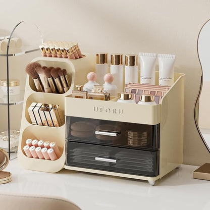 UFORU Makeup Organizer for Vanity with Brush Holder, Large Capacity Bathroom Countertop Skincare Organizer with 2 Drawers, Cosmetic Display Case for Perfumes, Eyeshadow Palettes, Nail Polishes