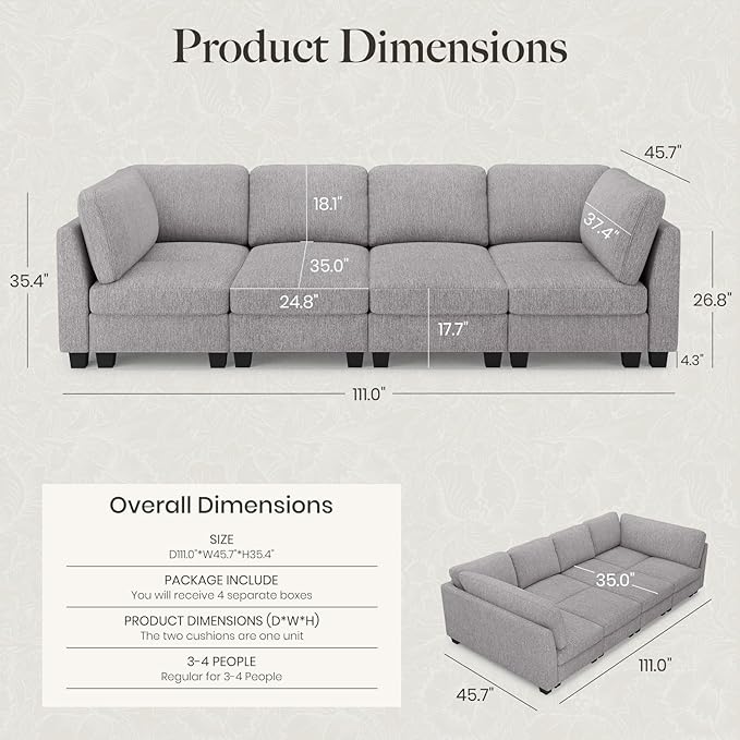 Belffin 111" Cloud Sectional Sleeper Sofa