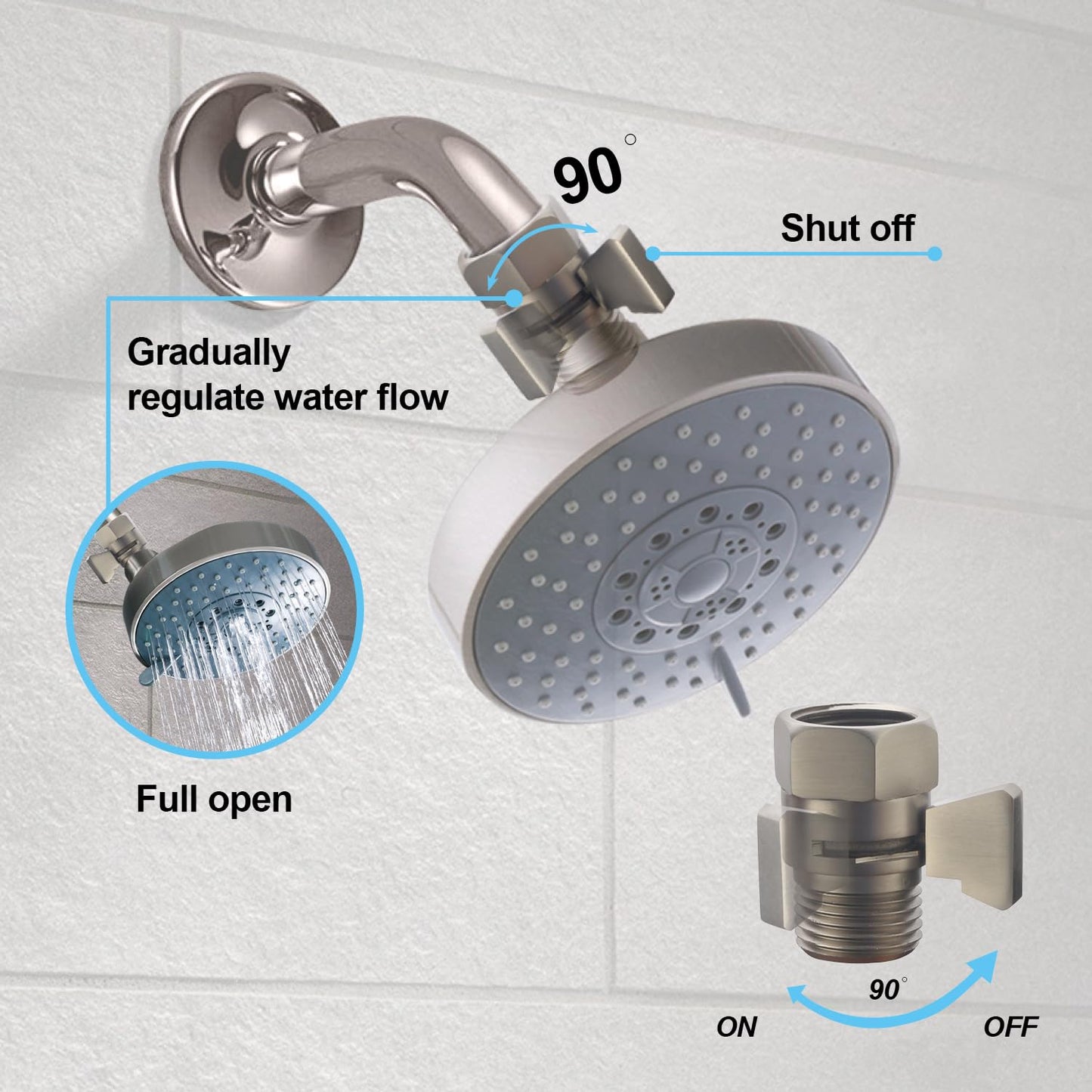 AZOS Brass Shut Off Valve, Shower Flow Control Valve, G1/2 Shower Water Pressure Regulator, Water Flow Control Valves for Handheld Shower Head, Brushed Nickel