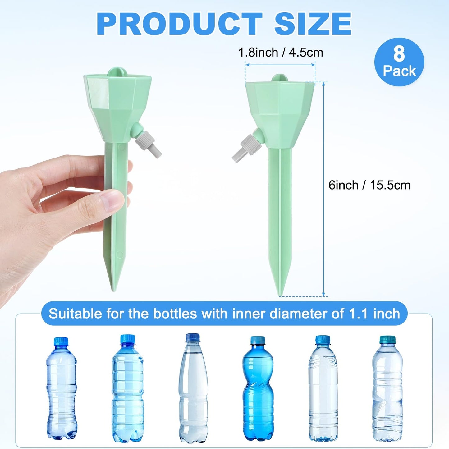 M METERXITY 8-Pack Self Watering Spikes for Plants, 5.3 Inch Plastic Plant Watering Devices with 8 Stoppers for Indoor/Outdoor Pots, Garden Water Planter System [Green]