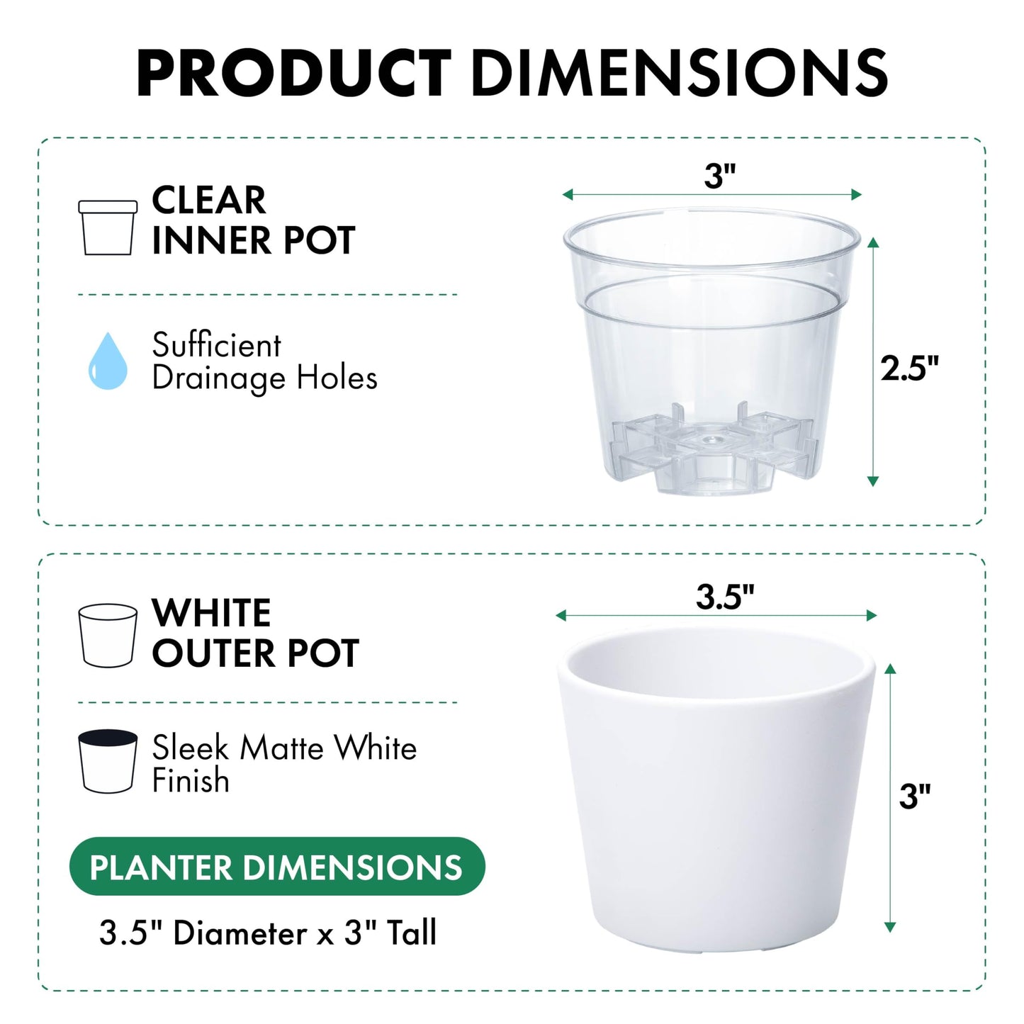 Phoenix Vine 3.5 Inch White Plastic Cachepot with Clear Nursery Pot, Decorative Lightweight Planter Cover with Transparent Inner Pot for Indoor Houseplants, Pack of 6, 24-A-D-6