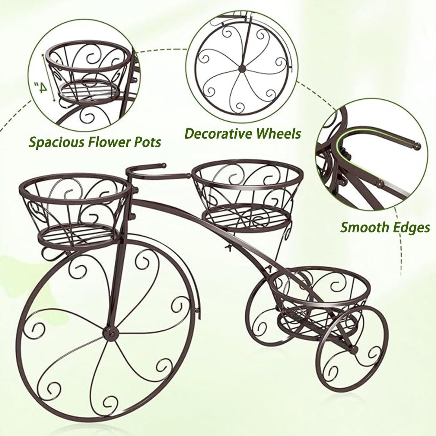 Planter Potted Holder Tricycle Plant Stand, Parisian Style Flower Display Stand Cart,3-Tier Metal Plant Stand Bicycle Flower Pot Cart with Hollowed Baskets for Patio,Garden,Deck,Lawn(Black)