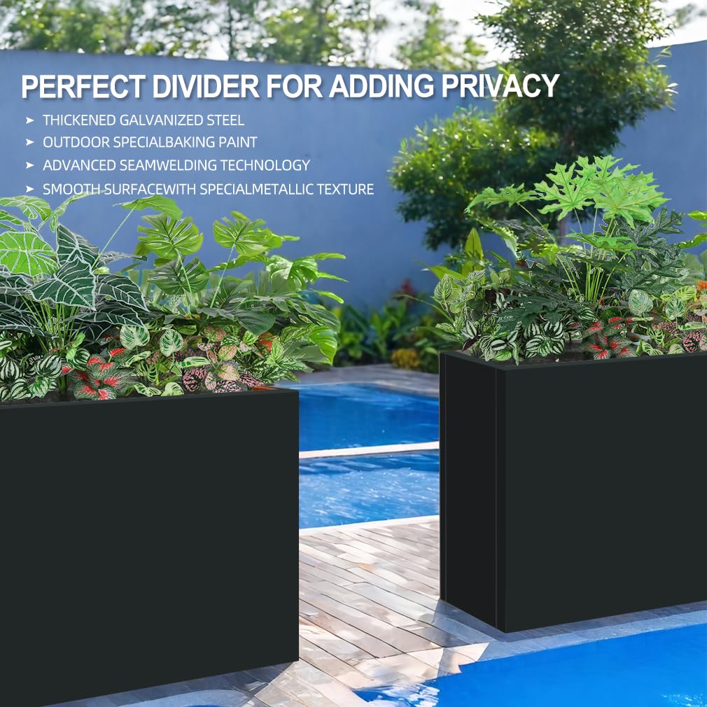 Megawodar Metal Tall Long Planter Box Large Rectangular Planter Flower Pot with Drainage Holes for Indoor Outdoor Deck Porch Garden Home Patio Front Door (Black, 36" L x 10" W x 28" H)