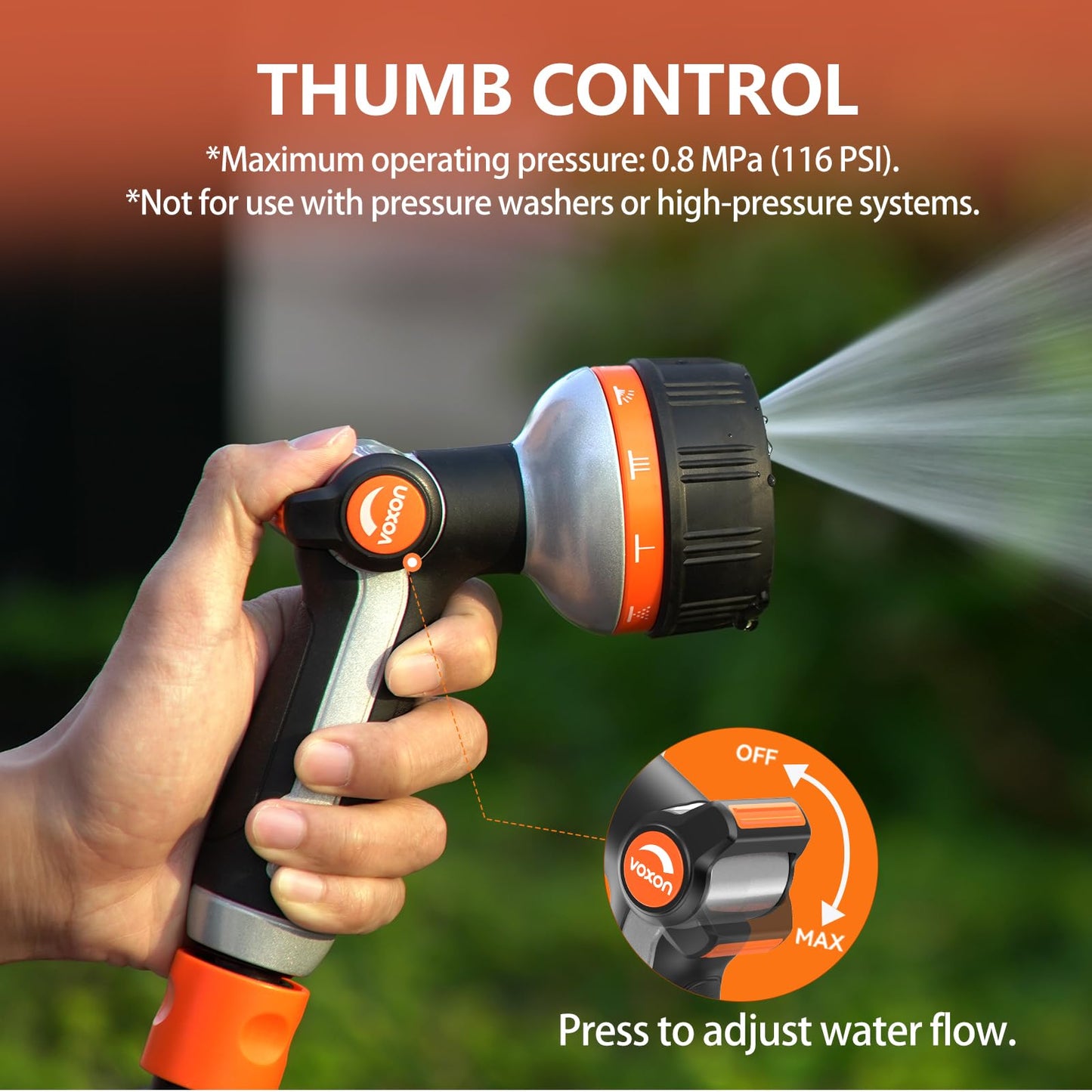 VOXON Hose Nozzle Heavy Duty 10 Spray Patterns - Metal Garden Water Hose Sprayer with Thumb Flow Control | On Off Valve, Nozzle Sprayer for Lawn & Plant Watering, Car & Pet Washing