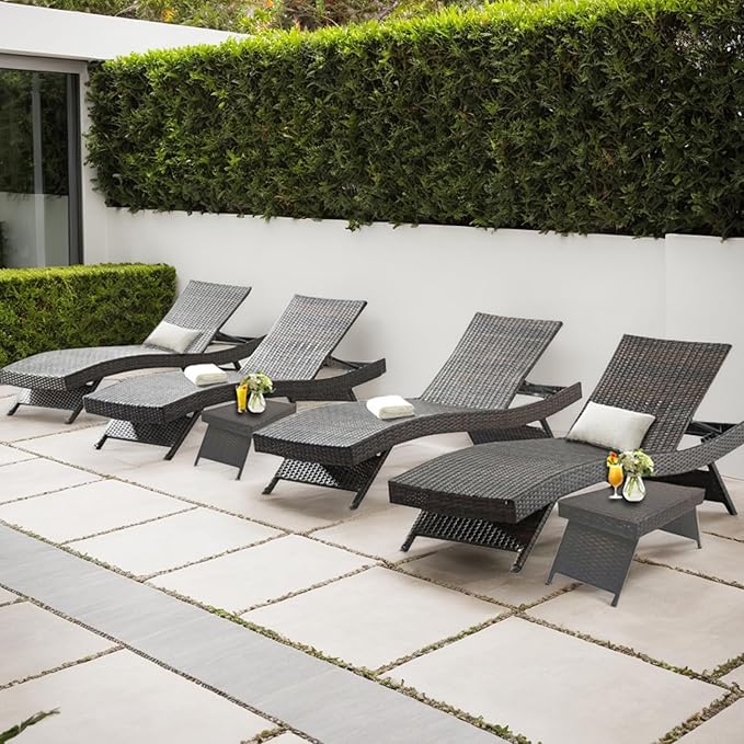 Outdoor Patio 4 Adjustable Backrest Chaise Lounger and 2 Side End Tables