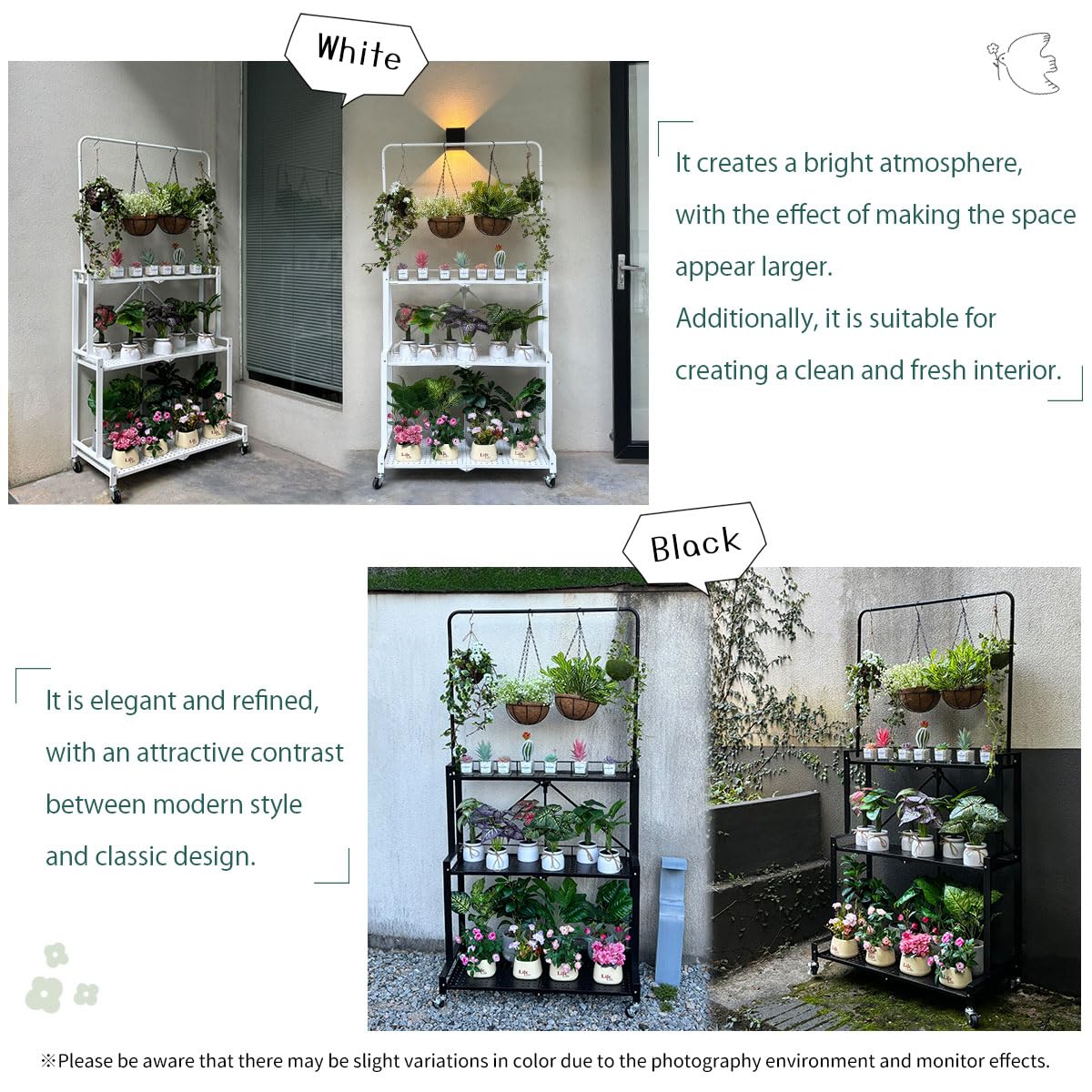 lumizone Foldable 4-Tier Plant Stand Indoor Outdoor Hanging Plant Shelf No Assembly Required Pot Placement Area With Wheels Sturdy Fall Prevention Storage Shelf Flower Pot Stand(4 Tier-Black)