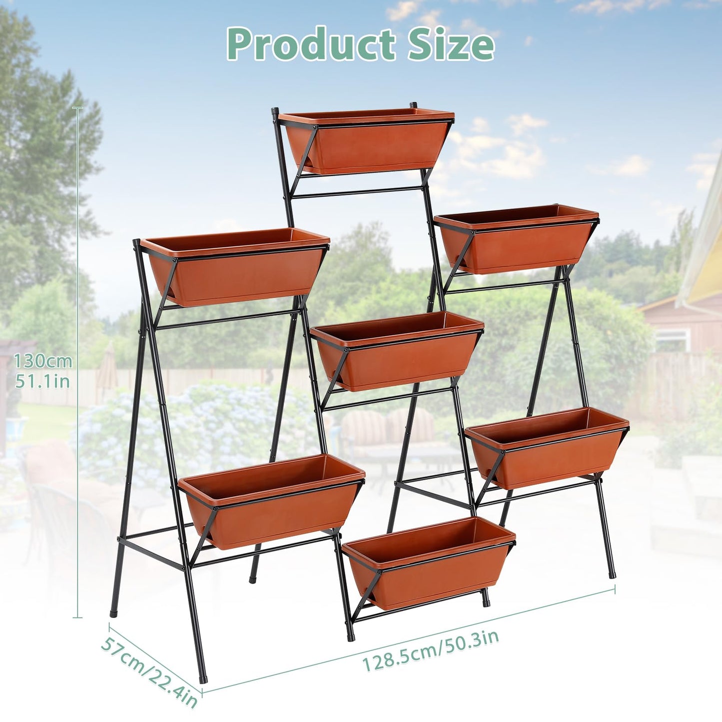 Sunexinlo 5-Tier Vertical Garden Planter with 7 Plant Boxes & Drainage Trays, Metal Freestanding Raised Bed for Herbs Flowers Vegetables, Indoor Outdoor for Patio Balcony Deck, Brick Red
