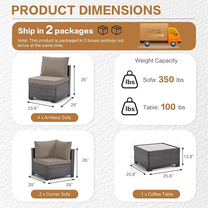 MOCHITO 5 Pieces Outdoor Patio Furniture Sets, All-Weather Sectional Sofa Dark