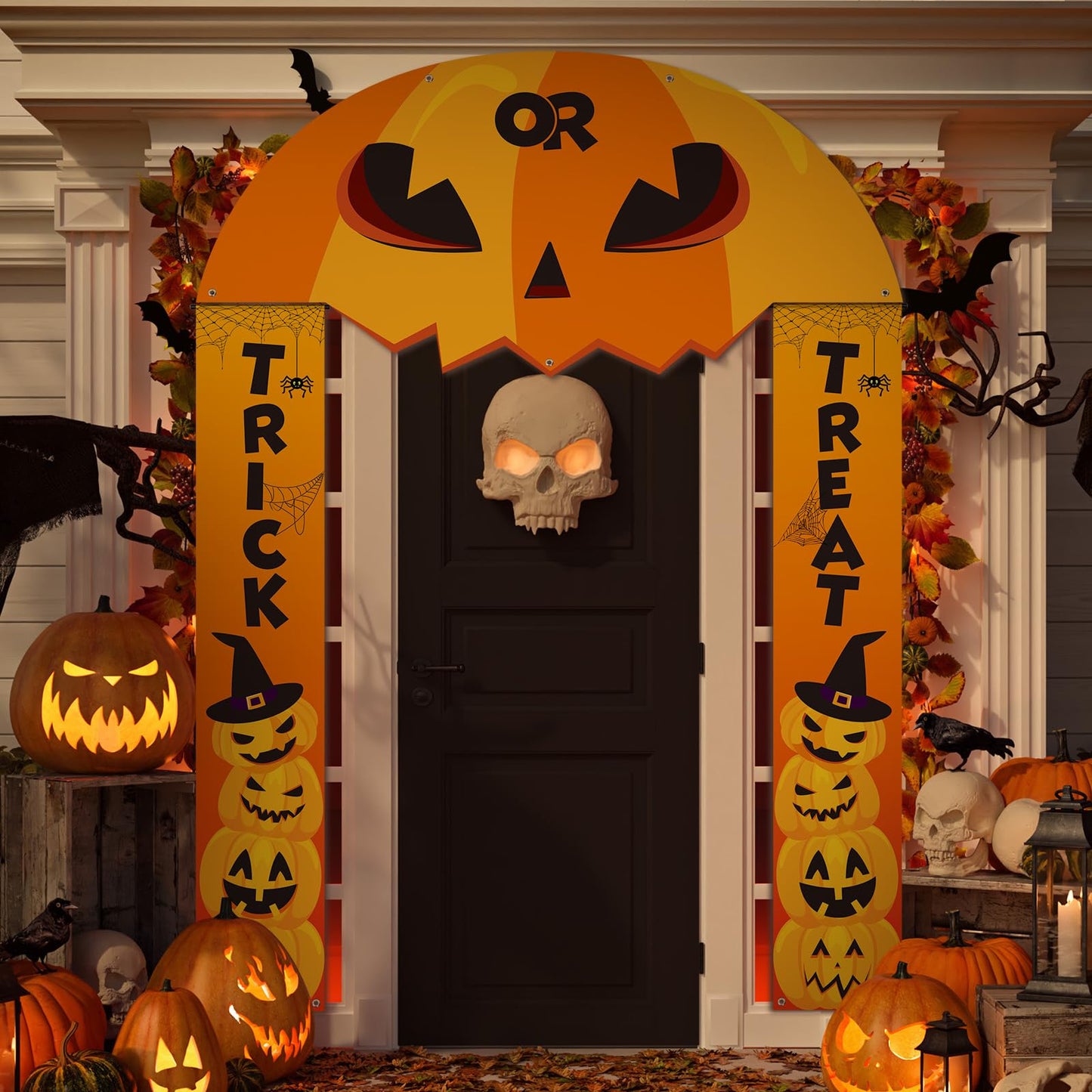 HunnmingRe 3 Pcs Halloween Cemetery Archway Halloween Cemetery Banners Gothic Outdoor Banners Sign Banner Decorations for Outdoor Party Supplies (Pumpkin)