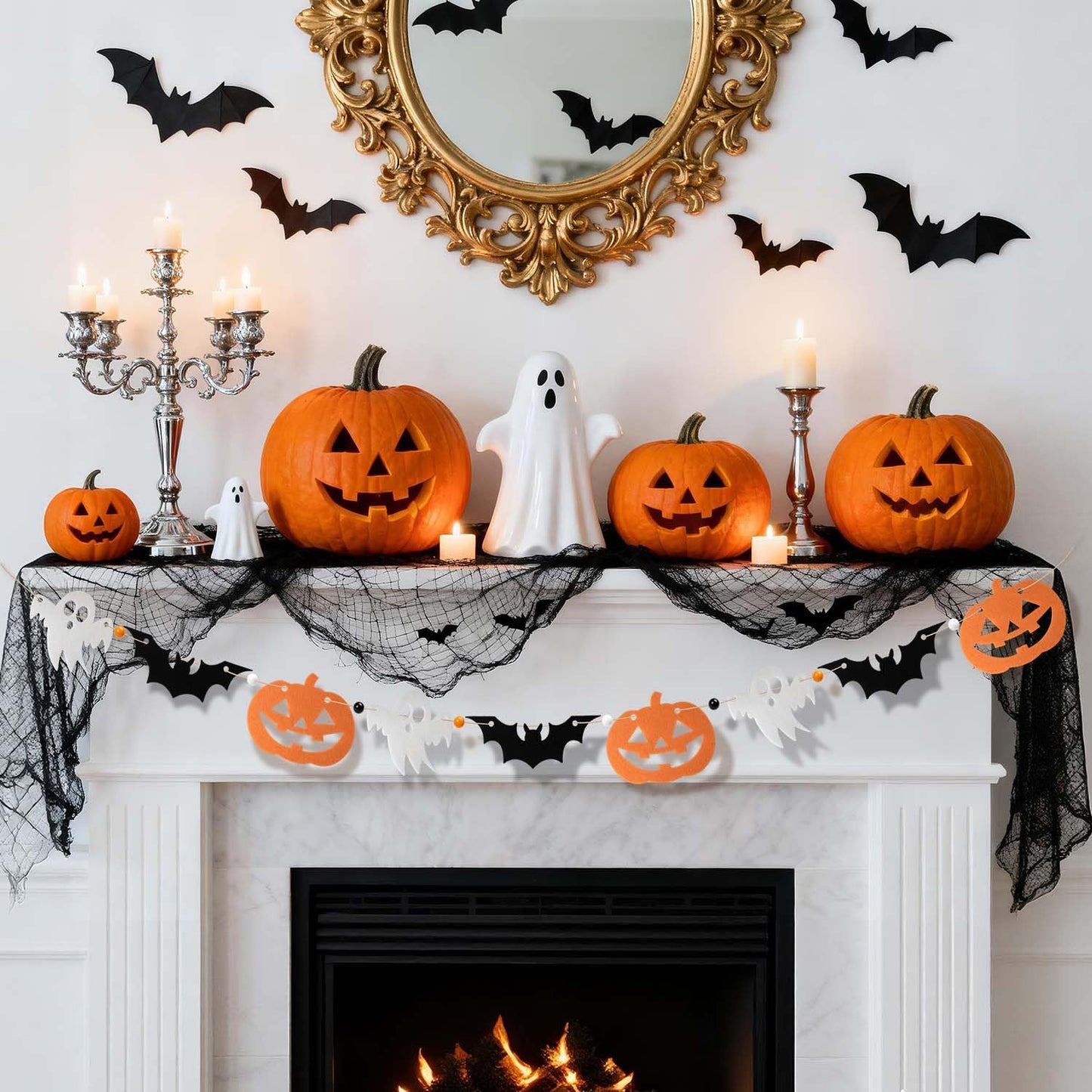 FuSenYuan (Pre-Strung) Halloween Felt Garland Set of 3 Ghost Bat Pumpkin Garland with Wooden Beads Felt Halloween Hanging Garland Banner for Party Mantle Home Wall Decor