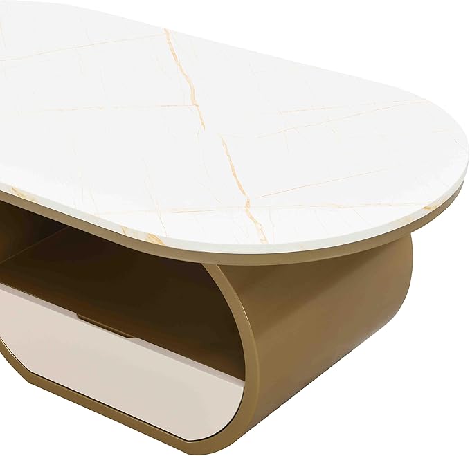 Modern Oval Coffee Table, 47.24" White Faux Marble Coffee Table