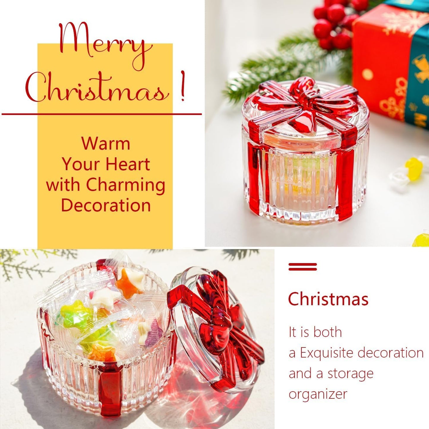kanpura 2 Pcs Peppermint Candy Christmas Dishes Crystal Candy Jar with Lid Small Xmas Round Sugar Bowl for Xmas Party Supply(2.6 x 3.2 Inch)