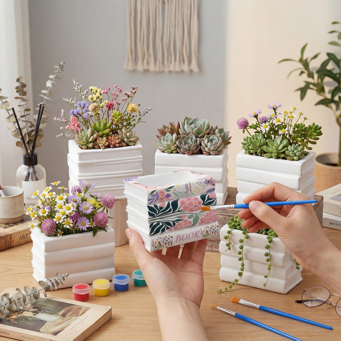 Singhoow 4 Set 3.9 Inch Book Planter Pot Ready to Paint Your Own Ceramic Book Flowers Pot Ceramics to Paint DIY Unpainted Paintable Kit Crafts with Acrylic Brush Palette for Adults