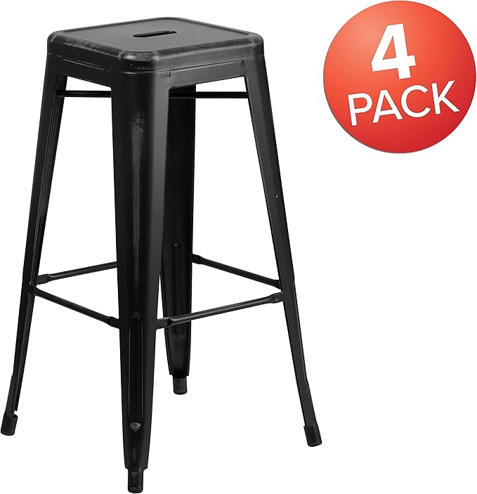 Flash Furniture Kai Commercial Grade 4 Pack 30" High Backless Distressed Black