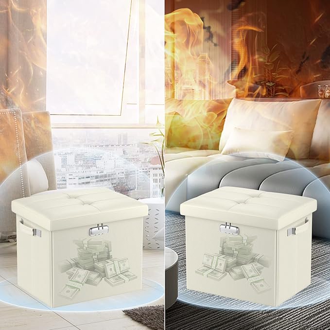 DocSafe Storage Ottoman with Lock, Fireproof＆Waterproof 17 Inches Folding
