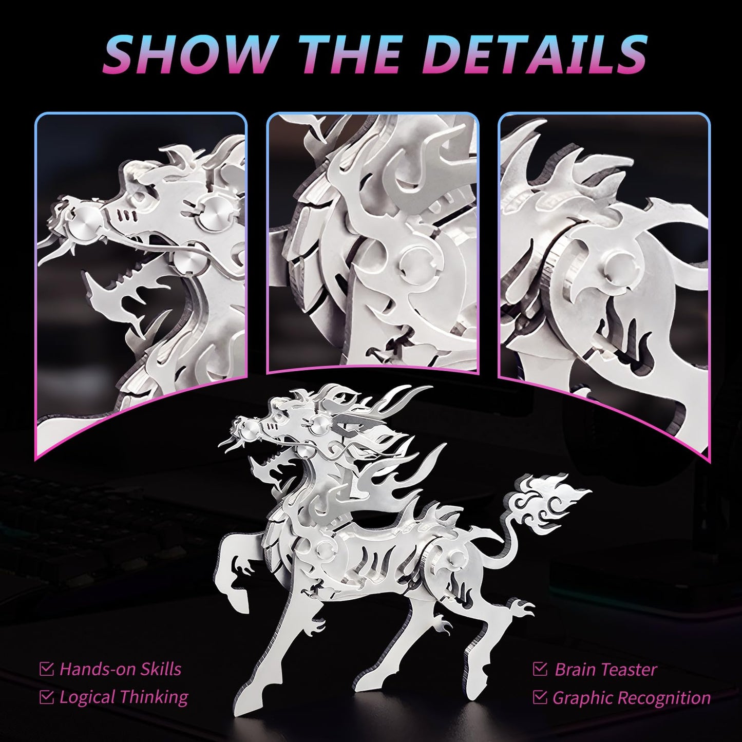 3D Metal Puzzles,3D Metal Puzzle for Adults,Mechanical Model Kit Flaming Kirin,Steel 3D Puzzles Stainless Steel Ornaments for Adults Home Decor Art Craft Gifts Toys.
